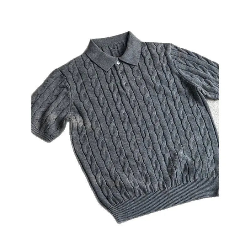 Men's twisted knit cotton short sleeve T-shirt in grey, shown on a hanger.