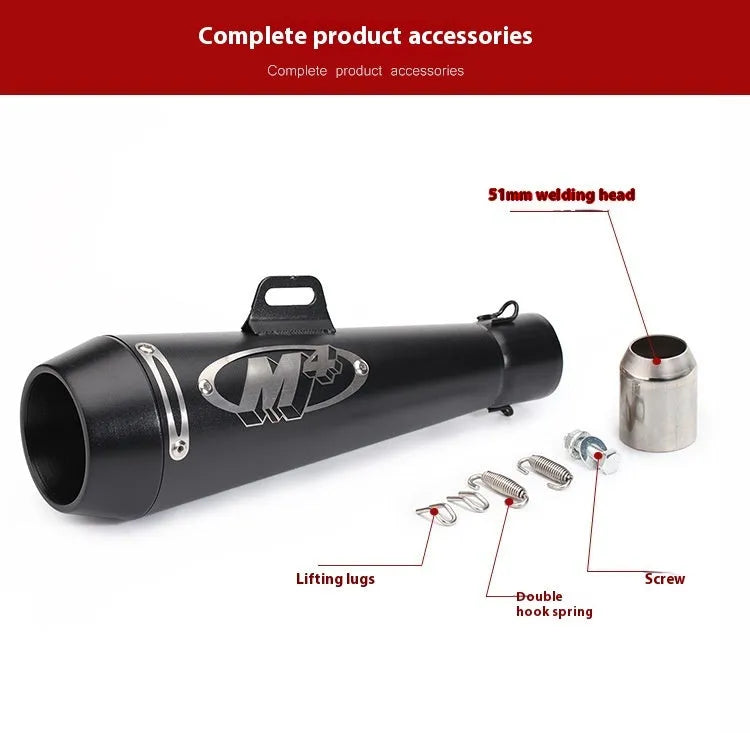 M4 universal motorcycle exhaust pipe in black, titanium, and blue finishes for large displacement bikes