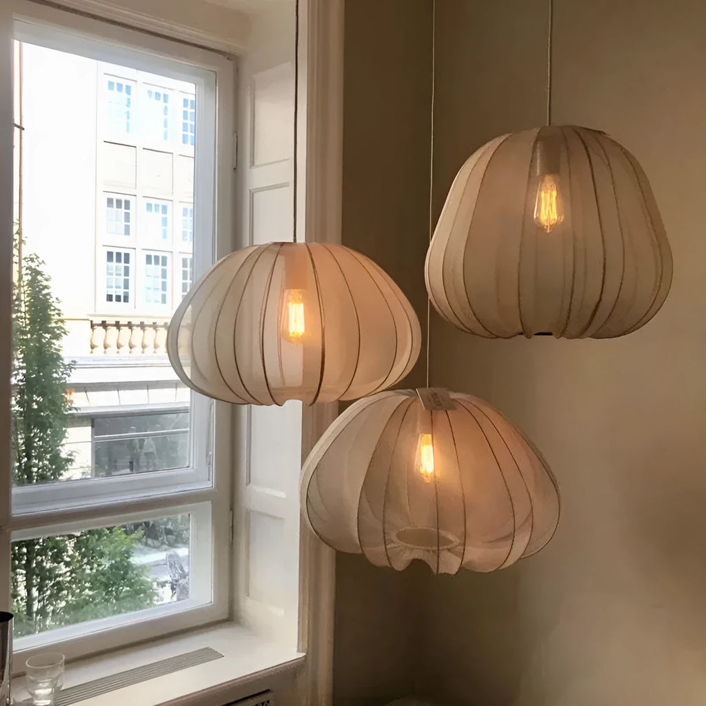 Japanese-style pumpkin-shaped pendant ceiling lamp with a metal branch frame in white finish.