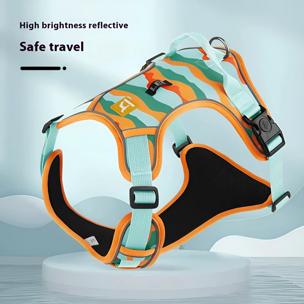 Orange oxford cloth dog harness with reflective strips and an attached hand-holding rope.