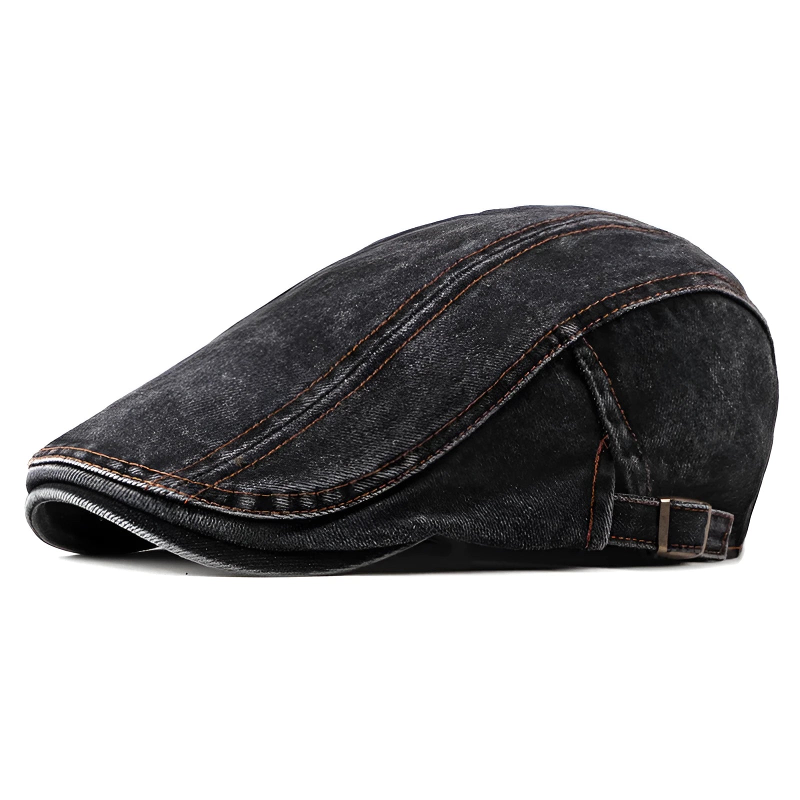 Fashion wash denim beret in medium denim blue, flat top crown, curly brim, cotton tie dye