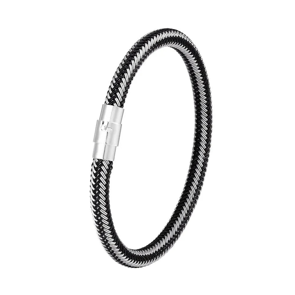 Geometric titanium steel wire bracelet with a magnetic clasp on a wrist, shown in a silver-toned finish.