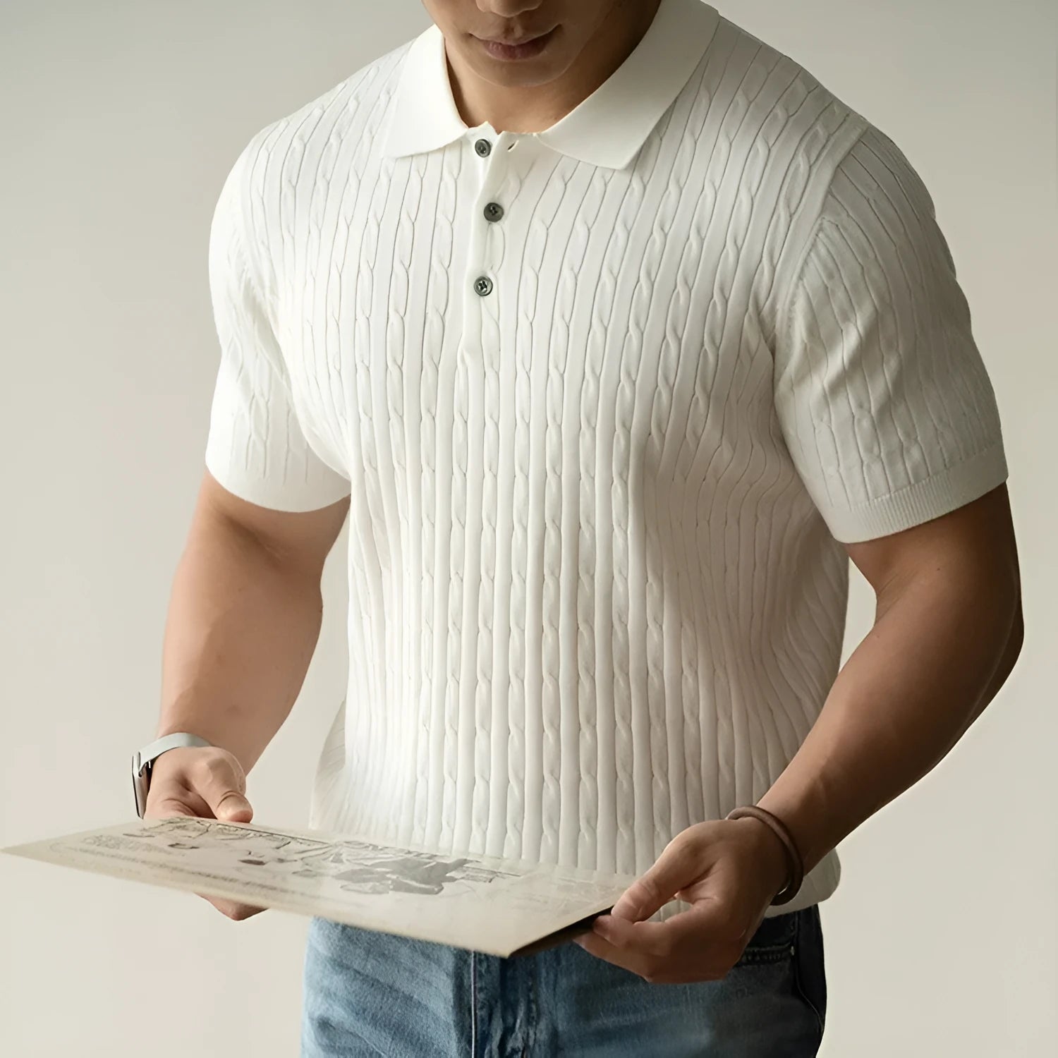 Men's khaki short sleeve business top made from a polyester nylon acrylic wool blend fabric.