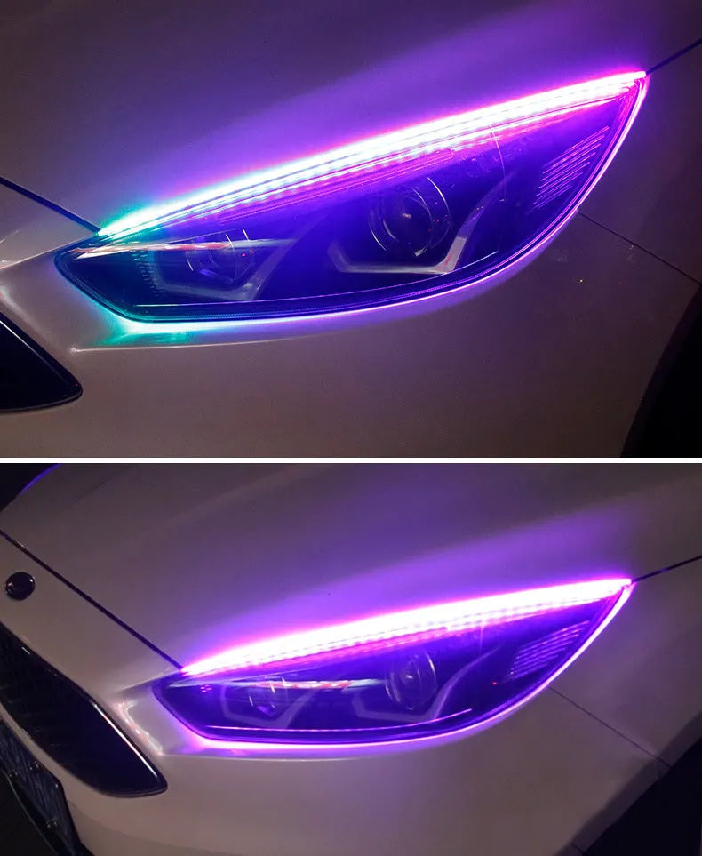 RGB colour-changing LED daytime running light strip with remote control, shown in 30cm, 45cm, and 60cm size options.
