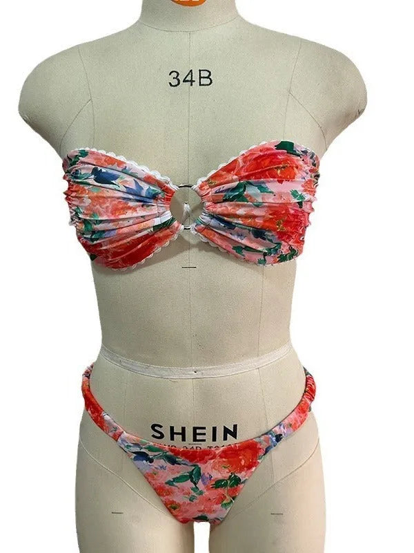 Women's polyester bikini set with floral print tube top and matching briefs for swimming.