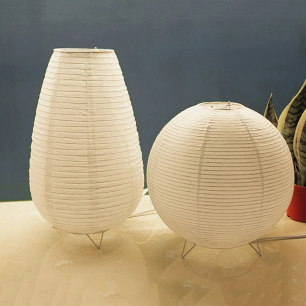 White handcrafted rice paper table lamp with plug for bedside or desk use