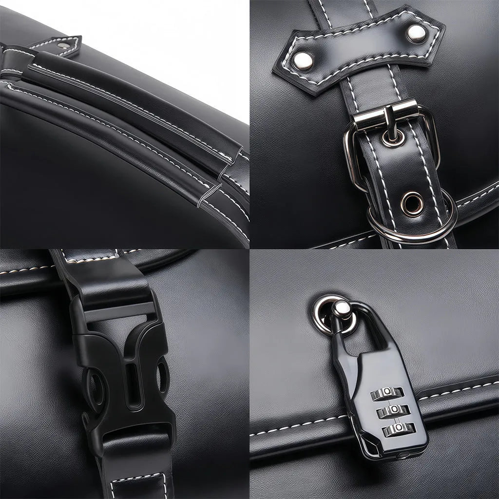 Motorcycle side bag with coded lock in dark punk style mounted on bike