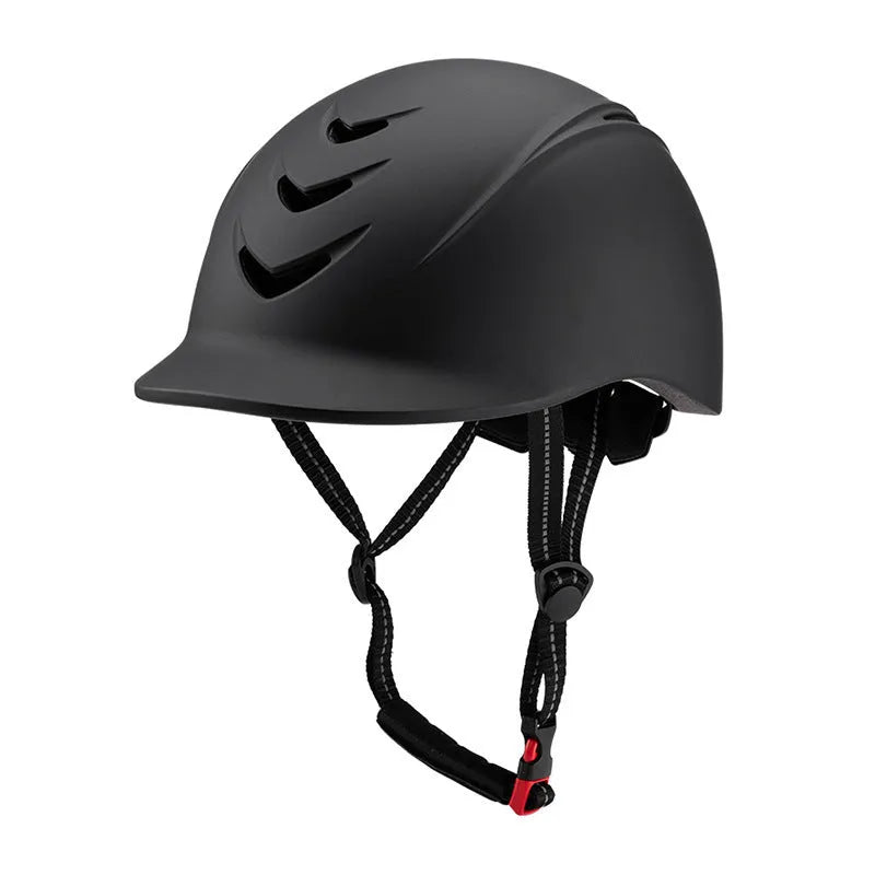 Horse racing helmet in solid titanium colour with ABS shell, EPS foam liner, and attached visor on neutral background