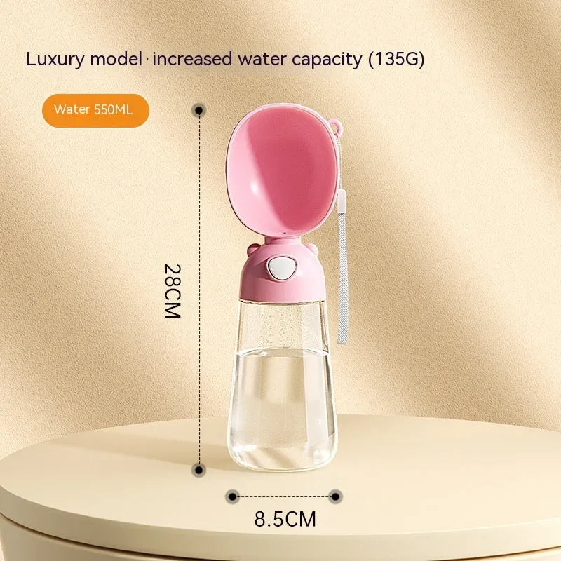 Portable dog water bottle and feeder bowl for outdoor travel in yellow, pink, or brown.