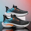 Men's low-top running sneaker in black and blue with a rotating buckle and mesh upper.