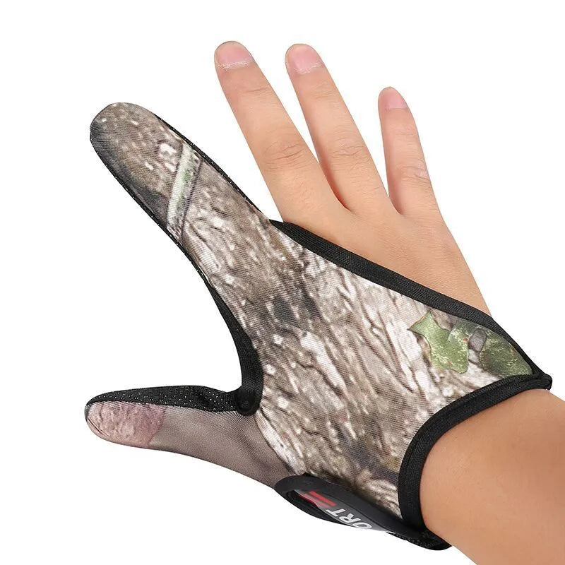 Two-finger fishing glove for lure handling in camouflage colour with diving cloth back and microfiber palm.