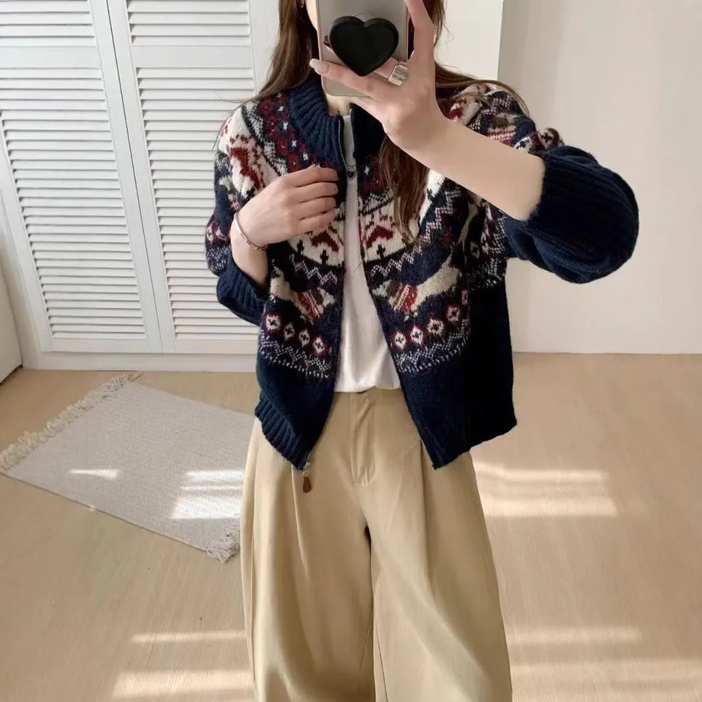 Ethnic style heavy industry jacquard pullover sweater with 3D pattern, shown in beige apricot and navy blue colours.