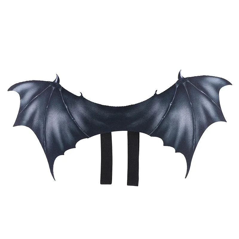 Black cloth bat wing Halloween costume for a dog, shown in medium 55cm size.