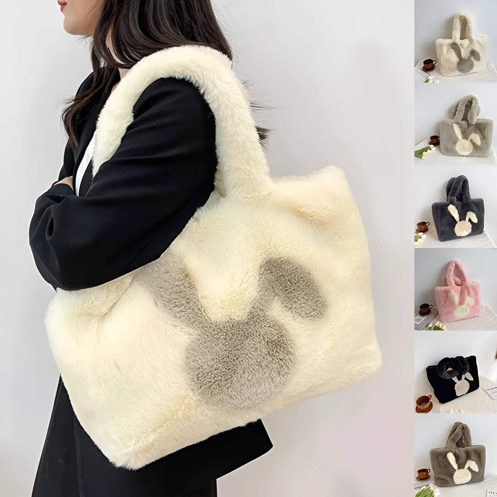 Plush shoulder bag with rabbit ears in solid colour with large shopping capacity
