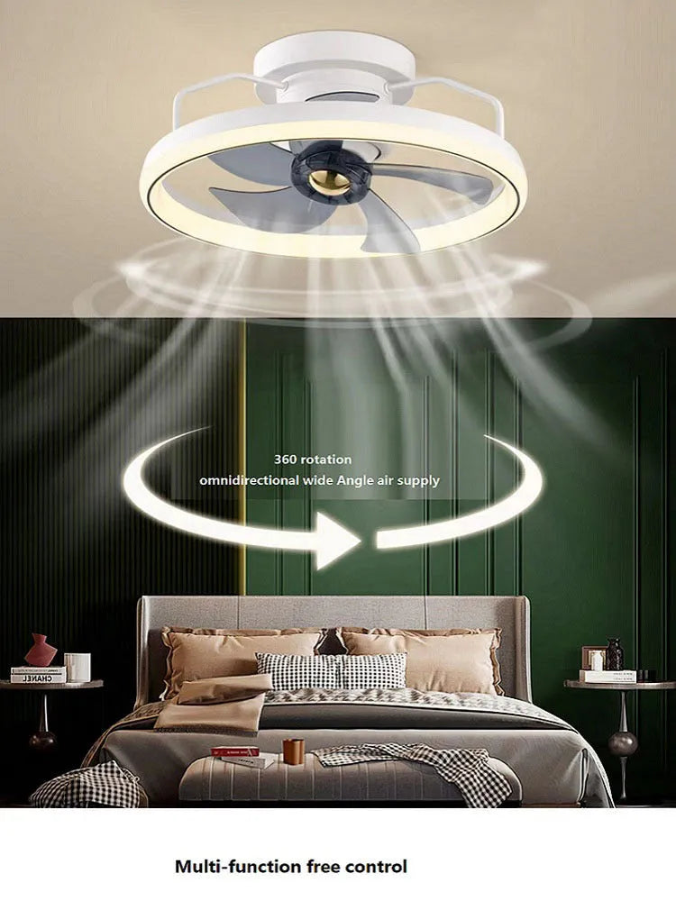 Modern ceiling fan lamp with light showing PC blades and acrylic shade in rose gold finish
