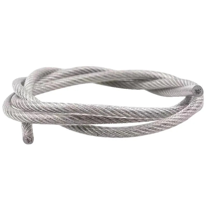 Coiled 304 stainless steel coated security cable with close-up showing multi-strand construction.