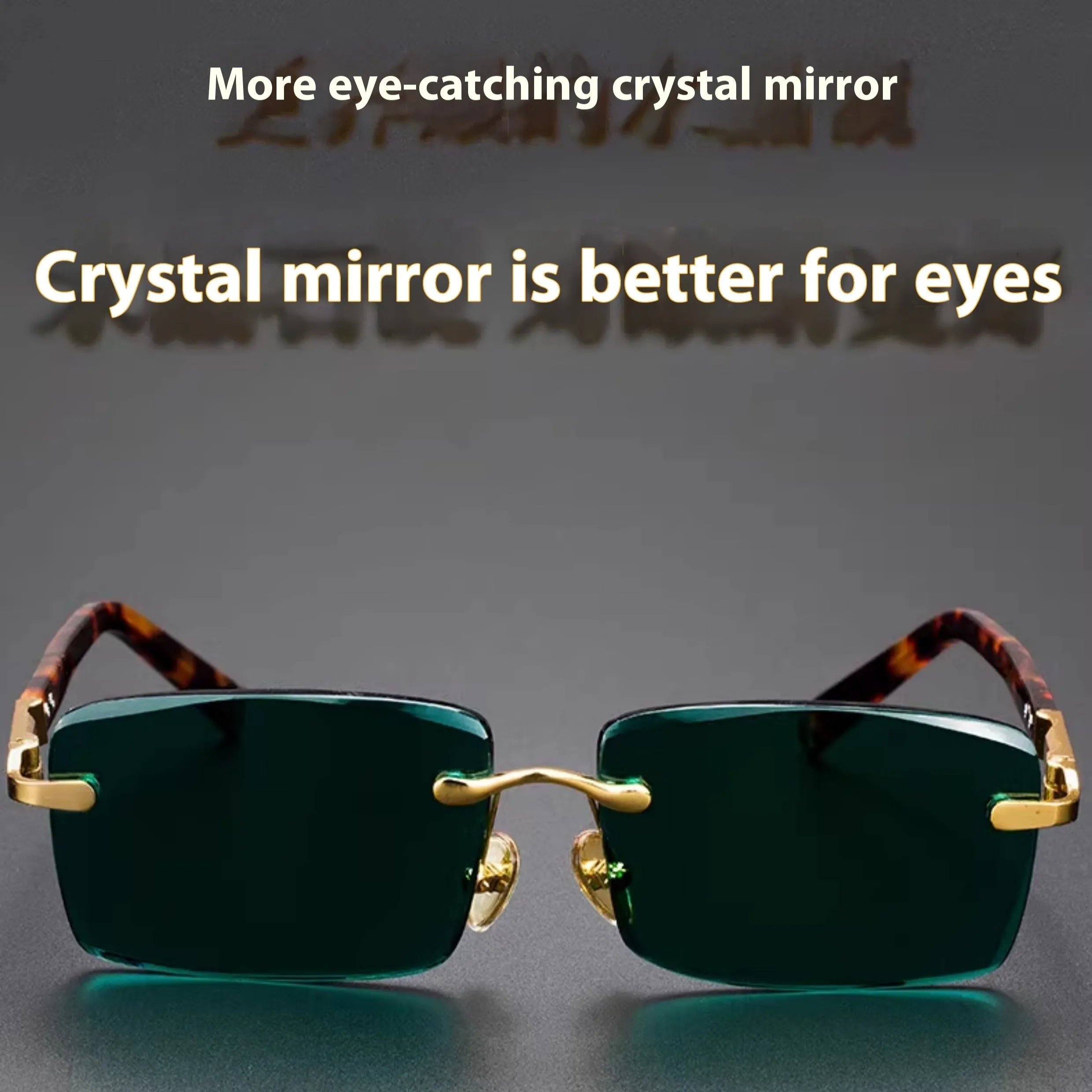 Frameless dark green crystal sunglasses with a minimalist design on a case, showcasing the tinted single-lens construction.