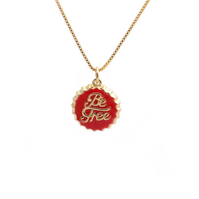 Copper Be Free bottle cap pendant necklace with a gold-plated finish on a 40cm box chain.