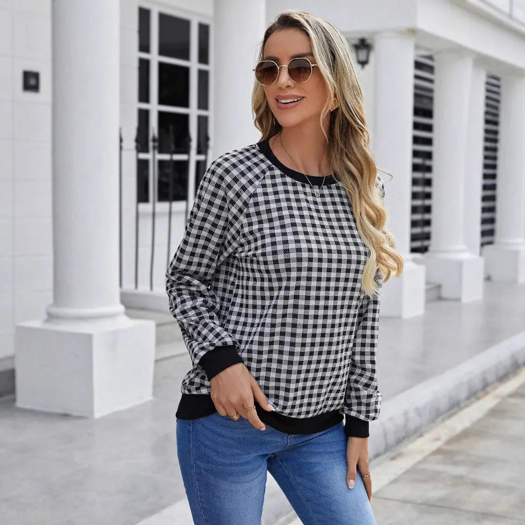 Black Japanese plaid pattern pullover sweater with long sleeves and printed stripes