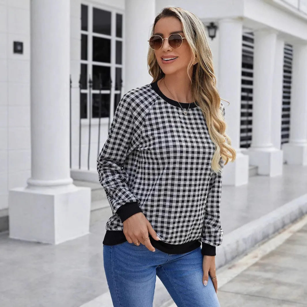Black Japanese plaid pattern pullover sweater with long sleeves and printed stripes