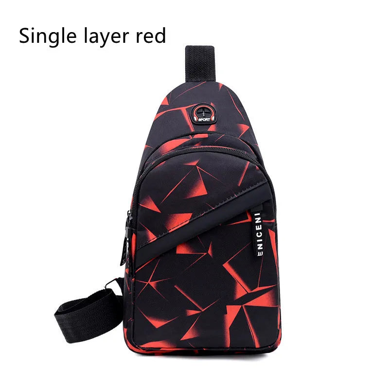 Men's blue print sling chest bag with a visible earphone hole and a single adjustable strap.