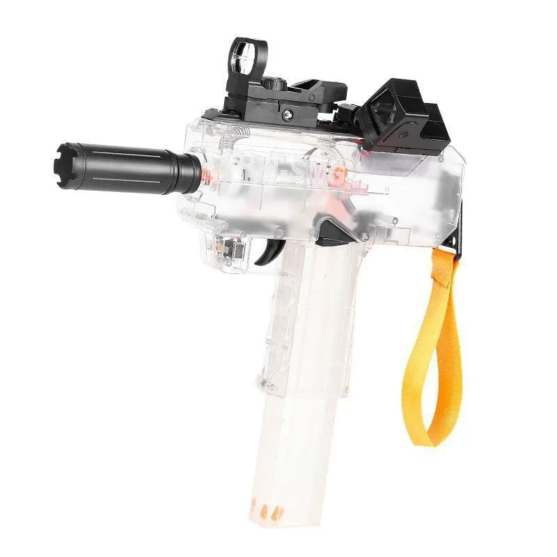 Uzi electric burst water gun toy with transparent plastic body showing internal components, in blue colour