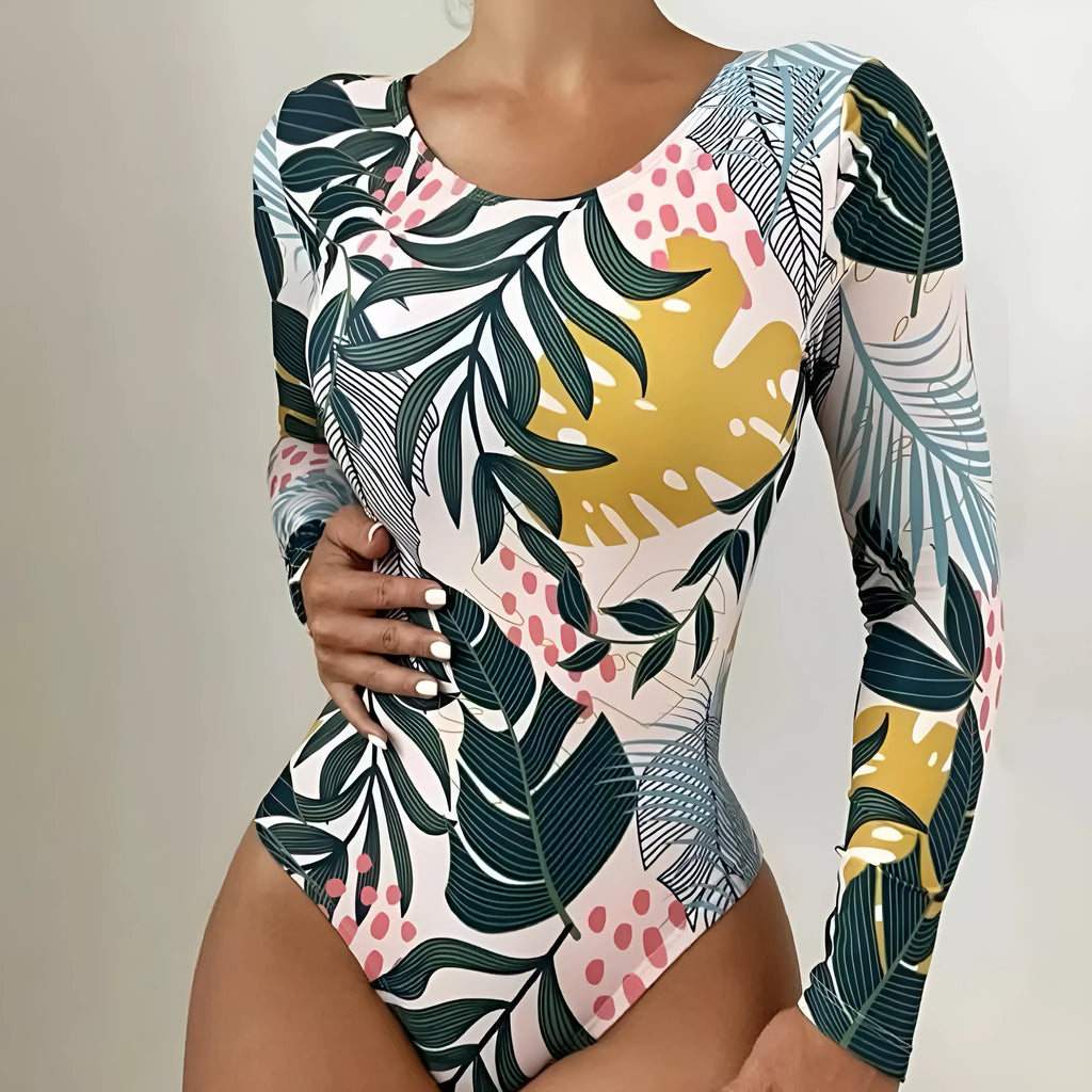 Women's floral print backless one-piece swimsuit on a white background