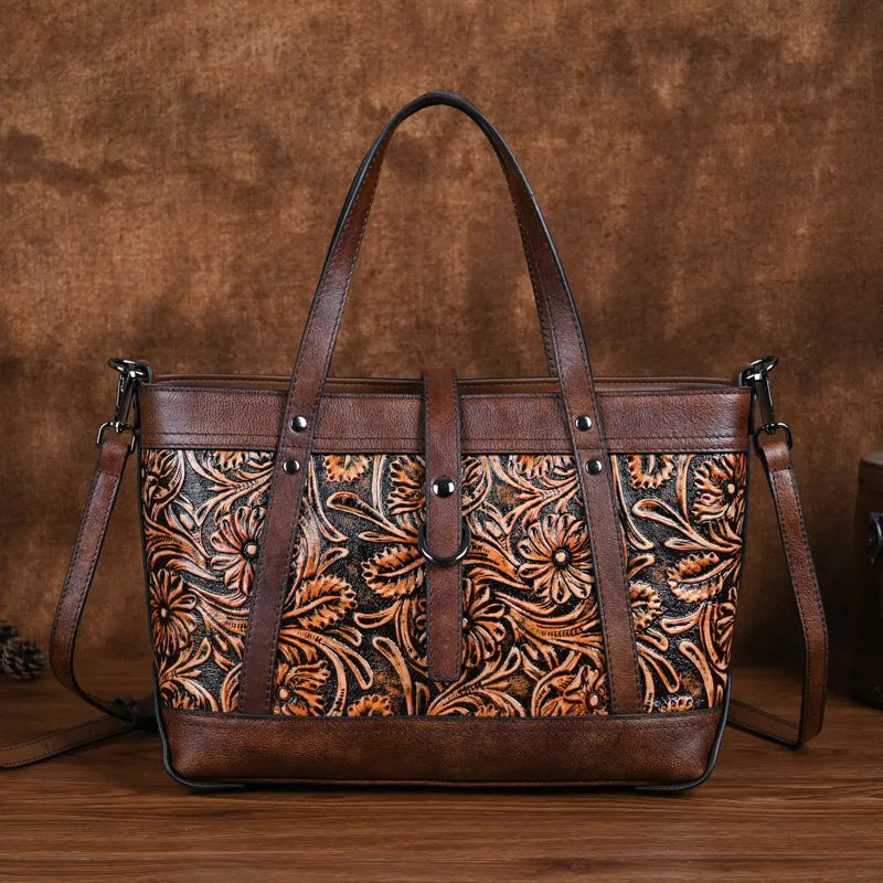 First layer cowhide hand carved skeleton-skin horizontal square crossbody bag in retro brown