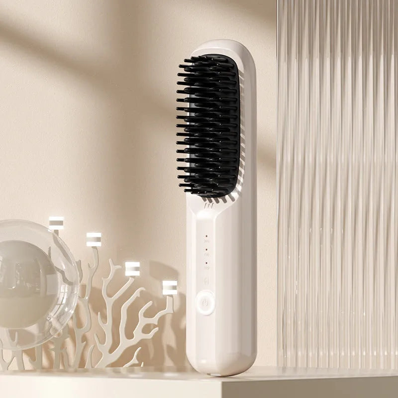 Beige wireless anion straight comb for hair styling on a table