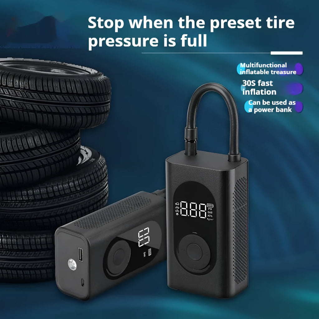 Portable handheld mini wireless tyre pump with power bank and flashlight on a grey background.