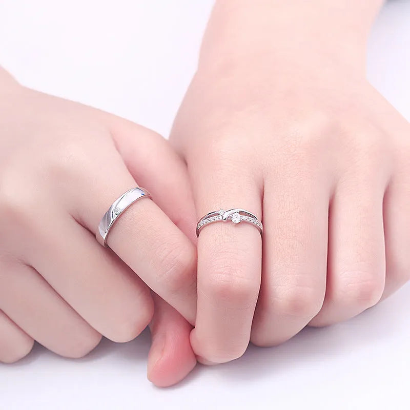 Simple sterling silver couple ring set in white gold finish with gem inlay
