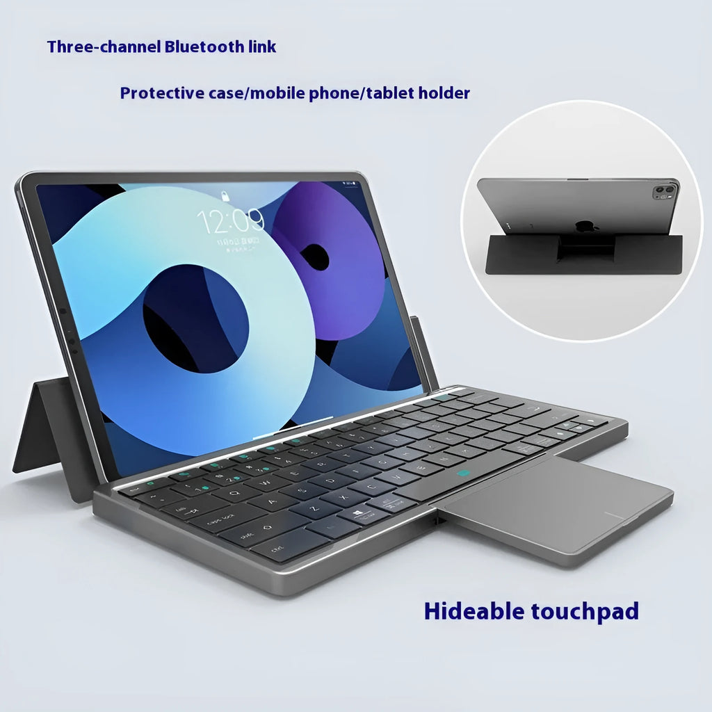Black and grey wireless Bluetooth keyboard with touch pad inside a leather sheath stand
