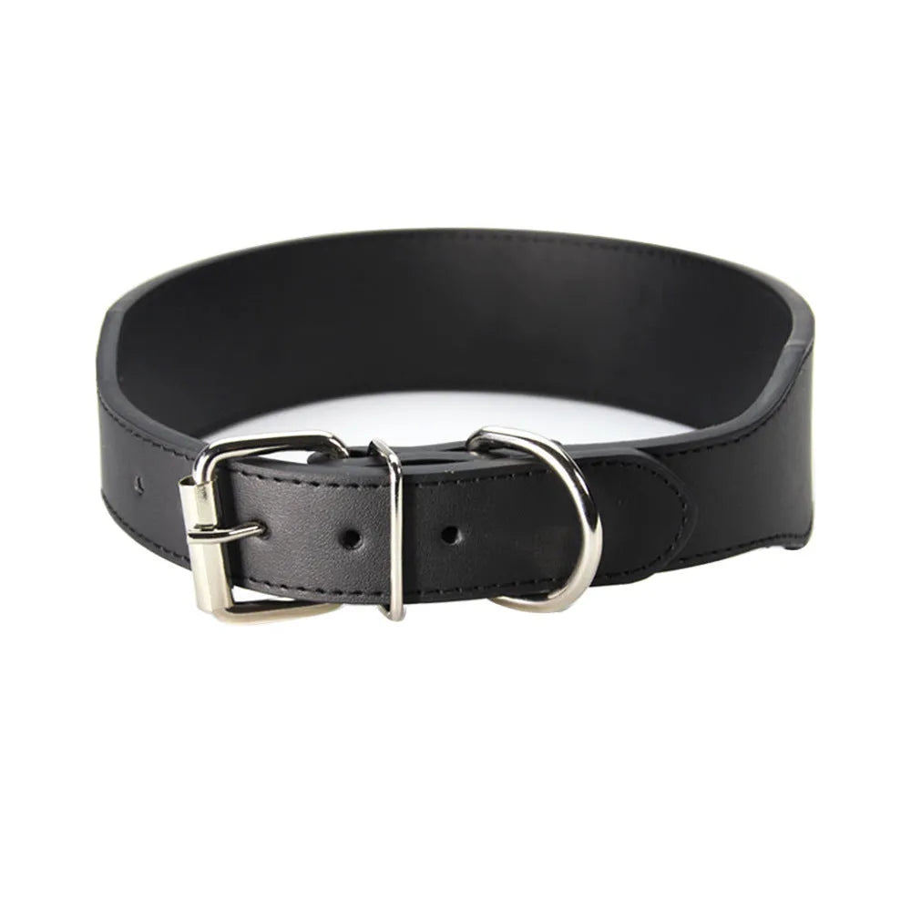 Fish-shaped leather dog collar in five colours with 5cm width and adjustable sizing
