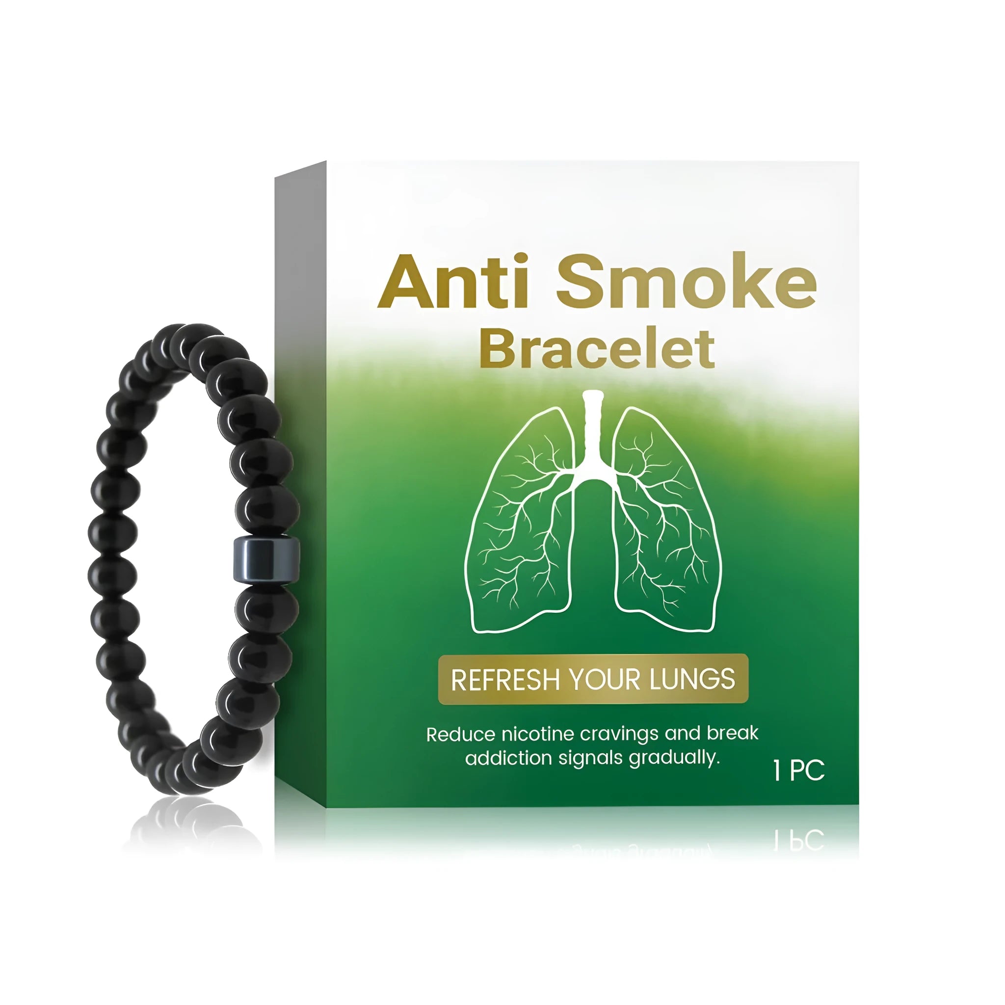 Men's glass and black gallstone smoke prevention bracelet on a wrist.