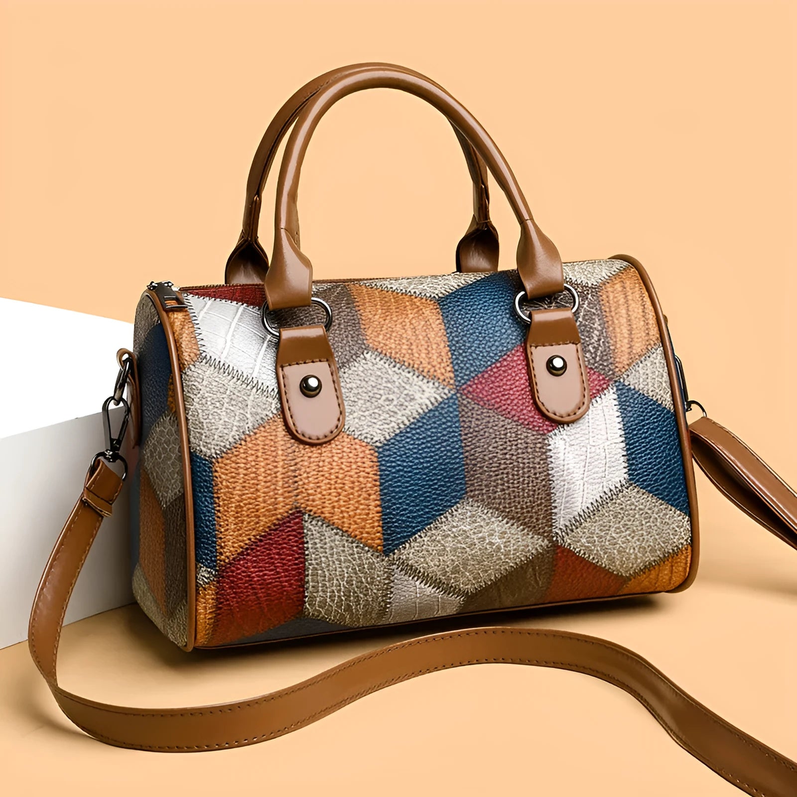 Fashion colour contrast plaid geometric pattern commuter crossbody bag in black PU material cylinder shape with rhombus element