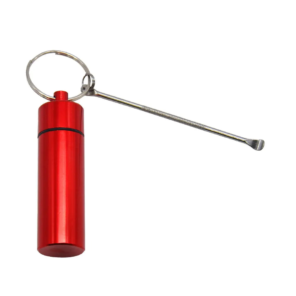 Aluminium pill storage bottle with built-in measuring spoon and keychain attachment in multiple colour options