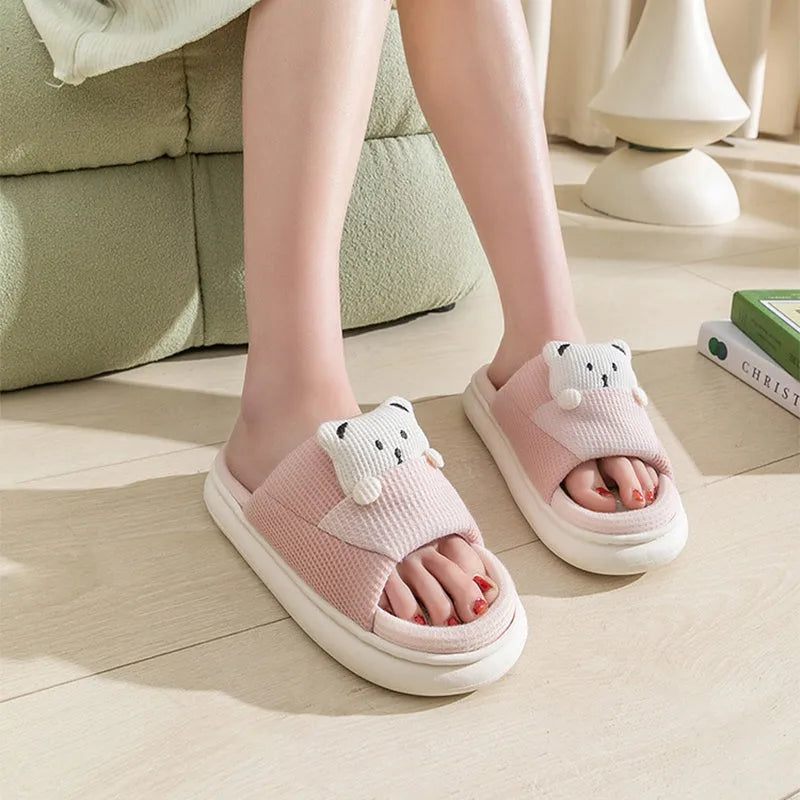 Cute cartoon bear design thick-soled linen slippers for women in blue, green, pink options