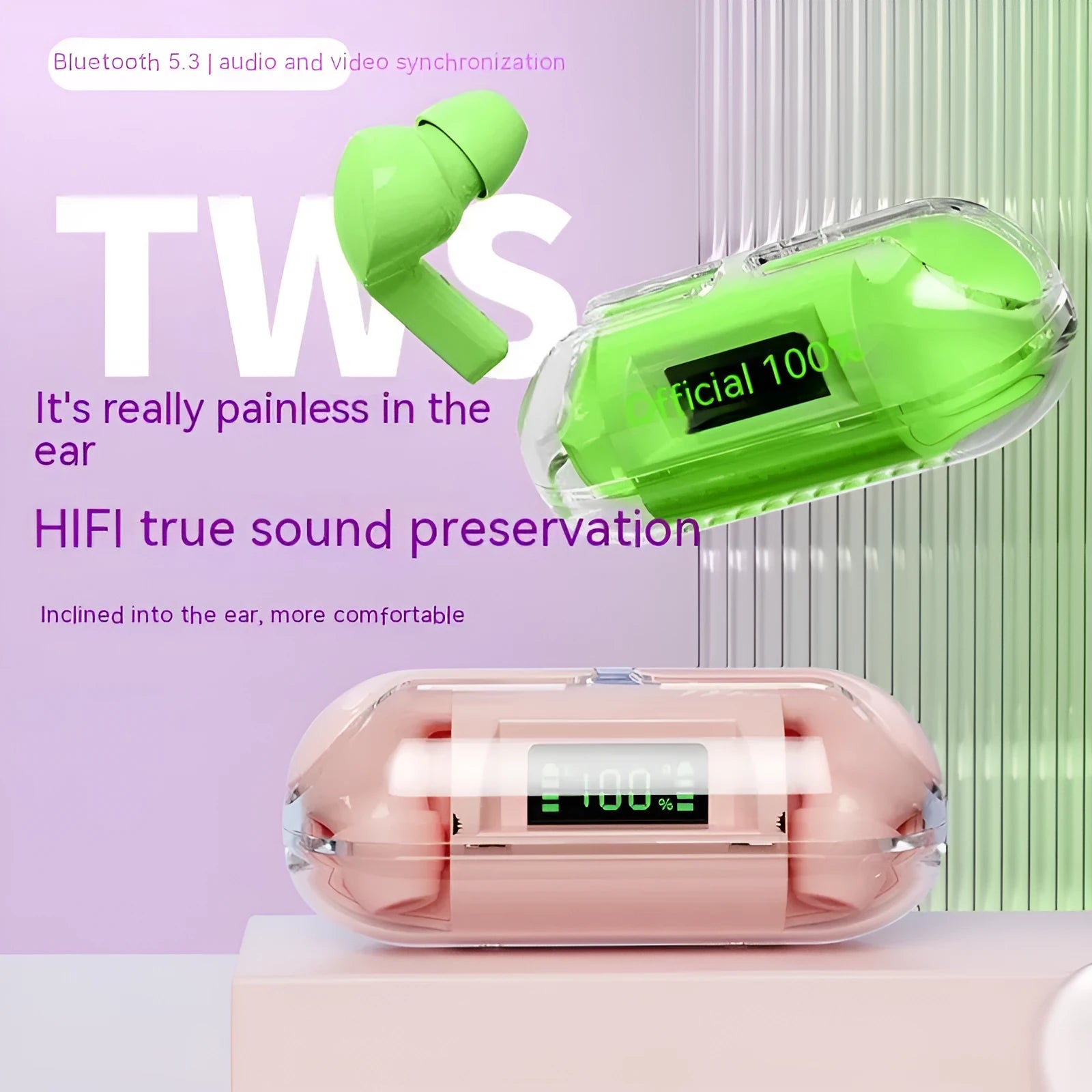 Bluetooth 5.3 wireless headset with transparent digital display charging case shown in pink, black, green, and white colour options.