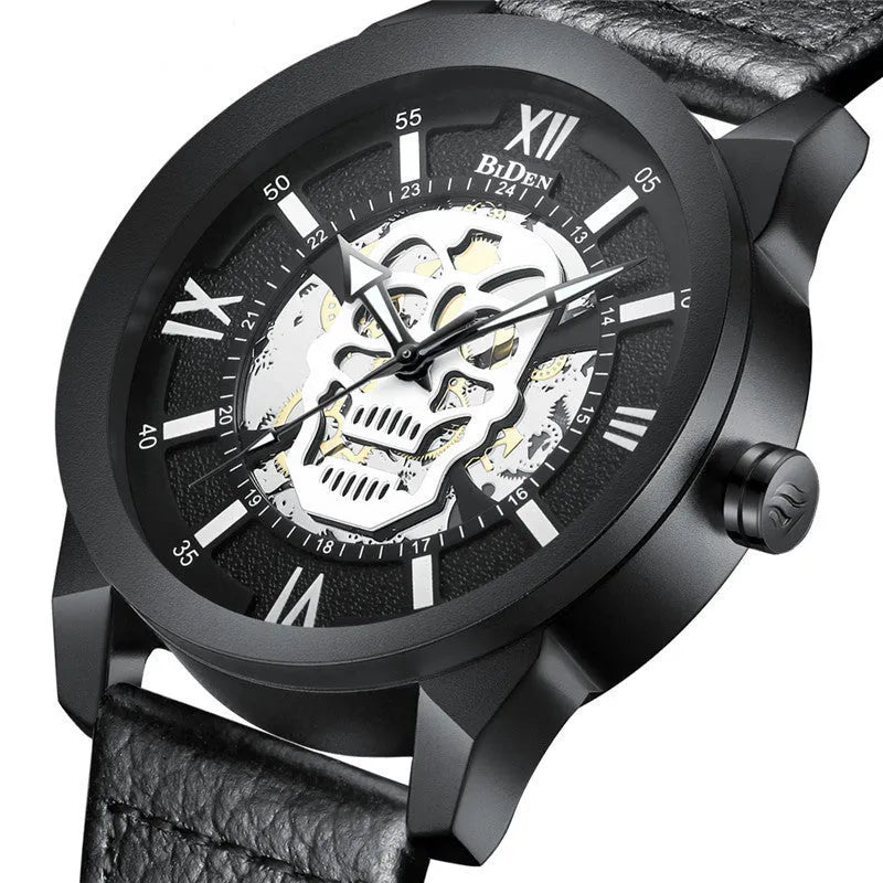 Men's quartz watch with calendar display on brown leather strap showing 4.3cm case diameter