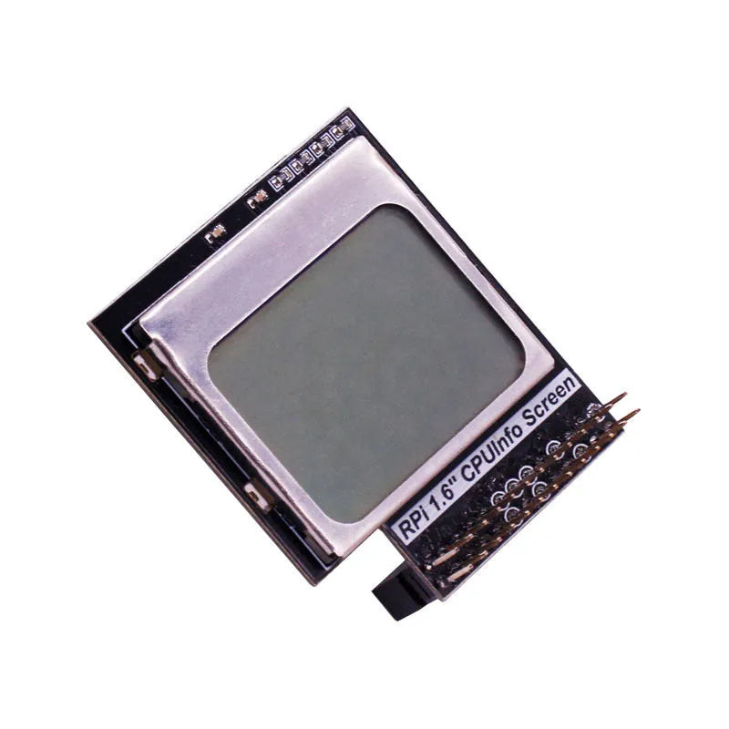 Raspberry Pi 1.6-inch LCD display module showing CPU data, with visible backlight switch on the side.