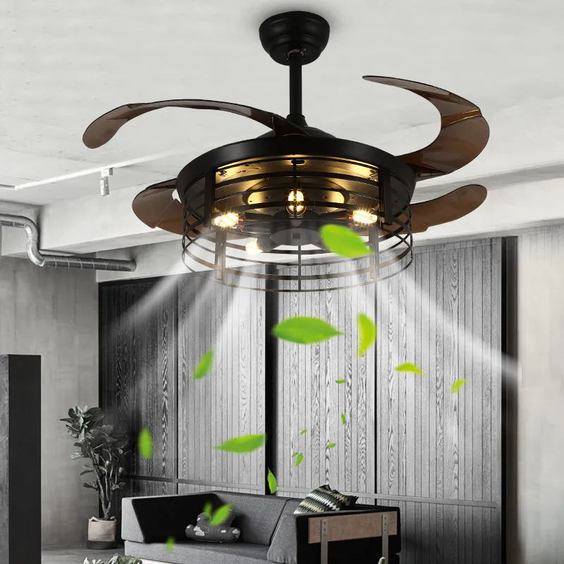 American retro style ceiling fan with clear acrylic blades and an integrated acrylic lampshade, remote control on a table.