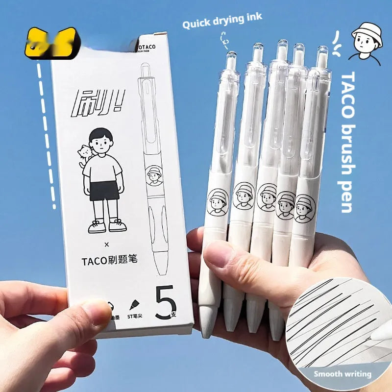 Five Taco brand black ballpoint pens with 0.5mm tips laid side by side.