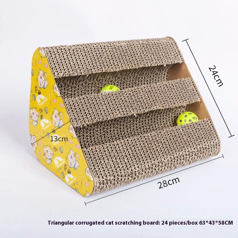 Corrugated paper cat scratch board in a geometric shape option such as bone type or trapezoid.