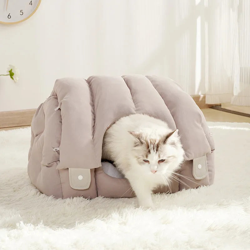Grey arched cat nest with a detachable sofa base, showing enclosed pet bed design.