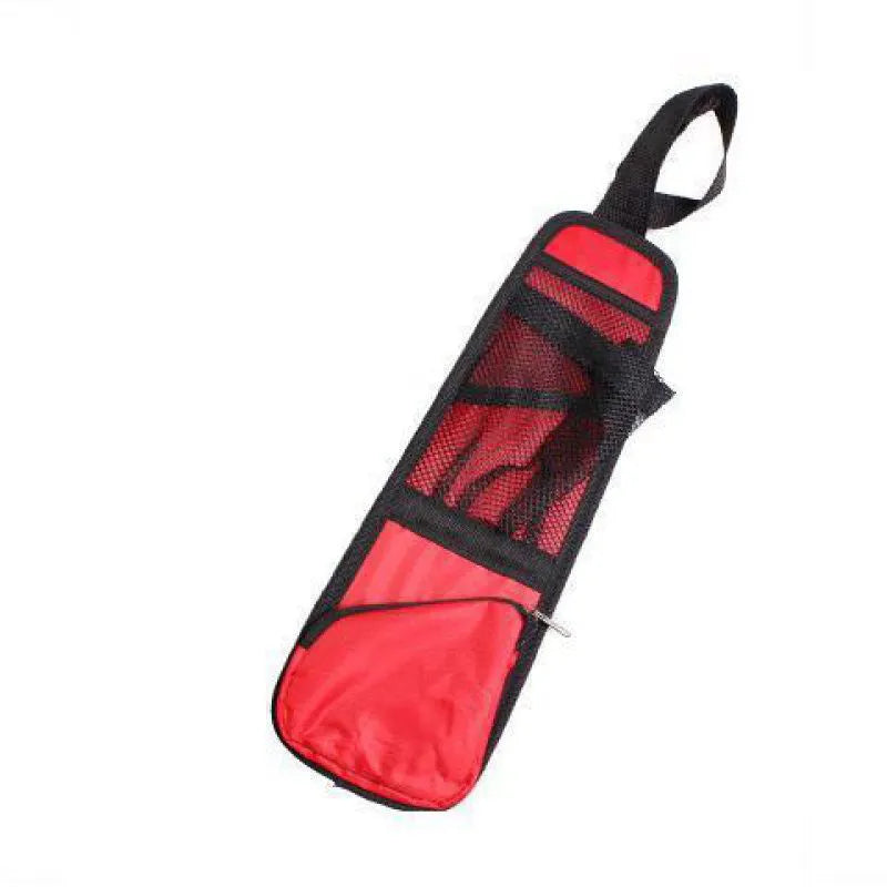 Black nylon car chair side bag with compartments for drinks and phone, attached to vehicle seat