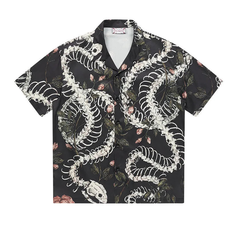 Men's loose-fit Cuban collar shirt with a snake bone floral pattern on short sleeves.
