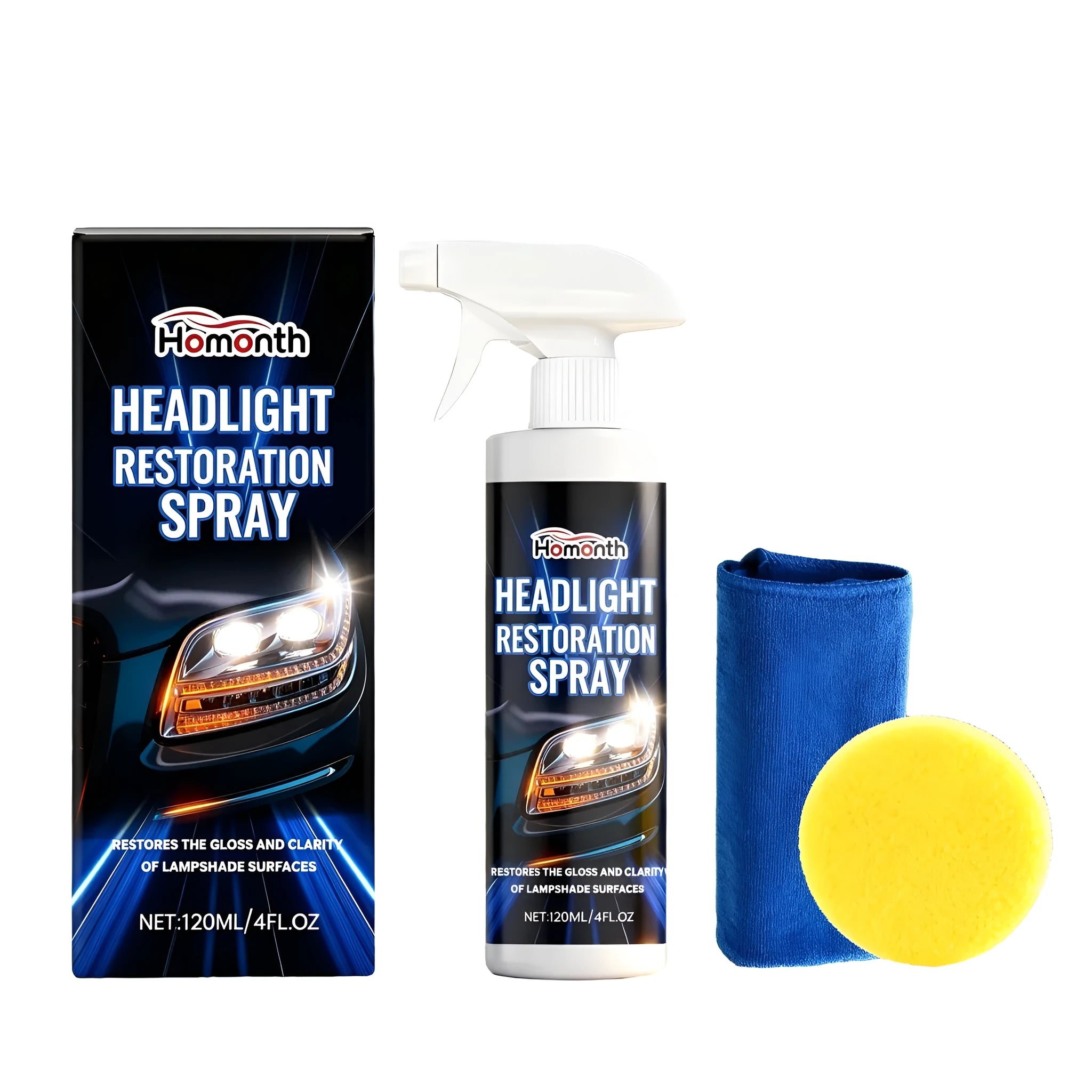 120ml bottle of HOMONTH headlight restoration spray with sponge and towel for car lens care