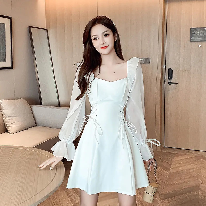 Women's white chiffon patchwork dress with waist-slimming design and long sleeves