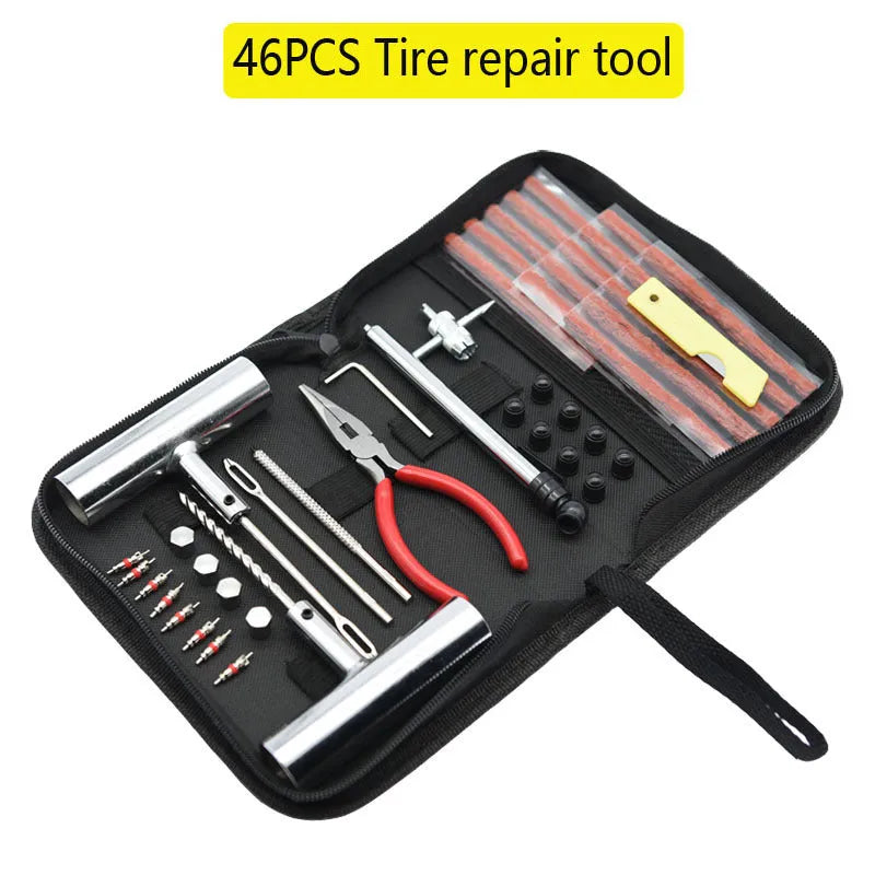 Quick first aid tyre repair kit with 43 steel tools in portable cloth storage bag