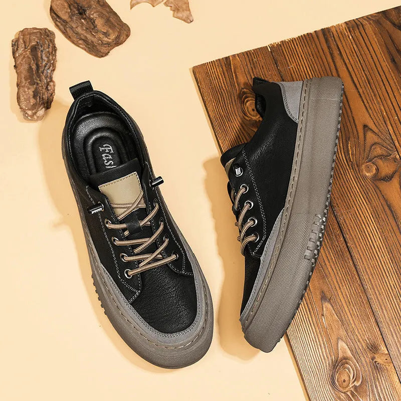 British round toe men's microfiber leather lace-up shoes in black, showing sewing line detail and rubber sole.